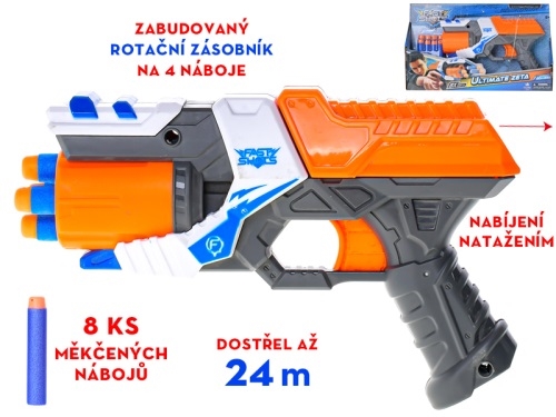 Pištoľ 21,5 cm s rotačným zásobníkom penových nábojov 8ks 8+ v krabičke