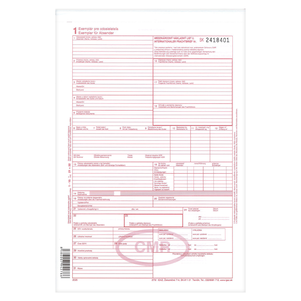 CMR Medzinár. nákl. list A4, samoprepis, 5 listov SK/DE (278)