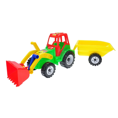 3asstd color (orange,green,blue) 60cm plastic tractor w/trailer in net