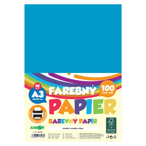 Farebný papier A3 80g/m2, bal/100 ks - modrá