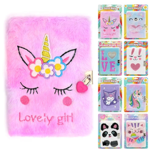 A5 lined notebook with plush envelope and lock (mix of 8 designs)