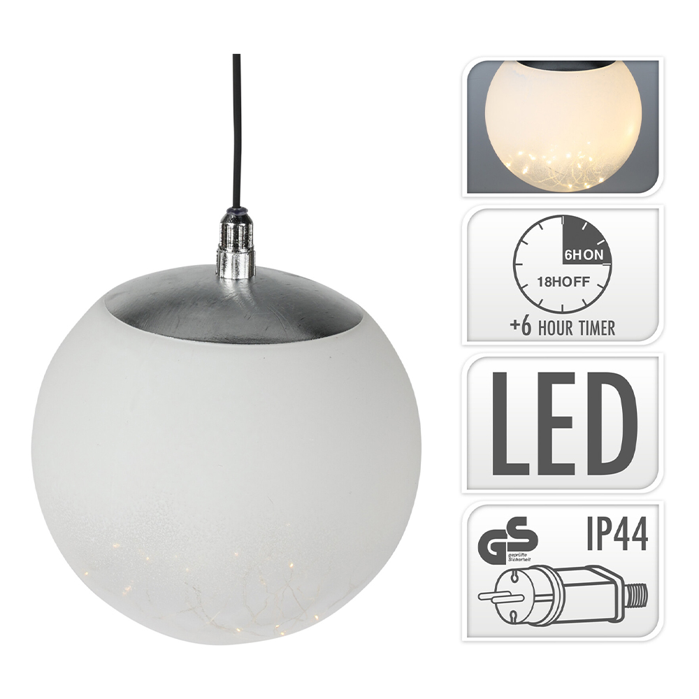Dekoračné osvetlenie - svietiaca guľa 18 cm biela, 80 LED biela teplá s časovačom