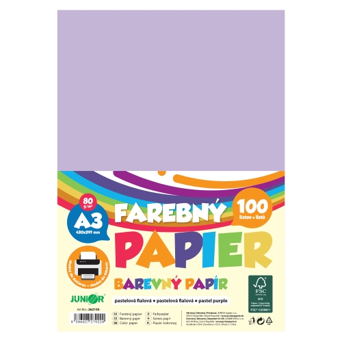 Farebný papier A3 80g/m2, bal/100 ks - pastelová fialová