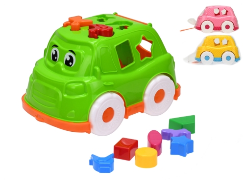 3asstd color(green,yellow,pink) 25,5cm plastic puzzle car w/geometric shapes & animals 12m