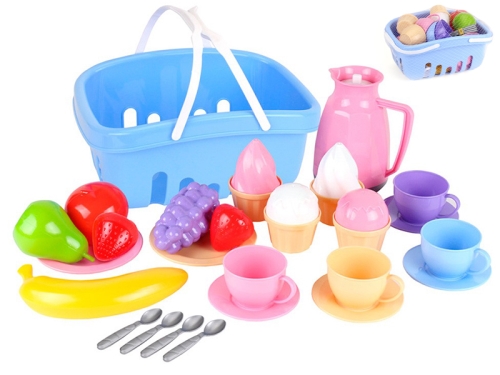 Tea set w/ basket 25pcs of dishes and food in net