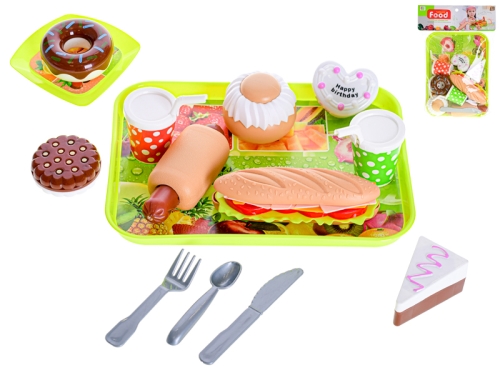 14pcs of platic dessert play set on tray 26x19cm in PVCbag w/header