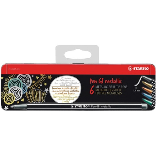 Fixy metalické vláknové STABILO Pen 68 metallic, sada 6 ks, kovové balenie závesné