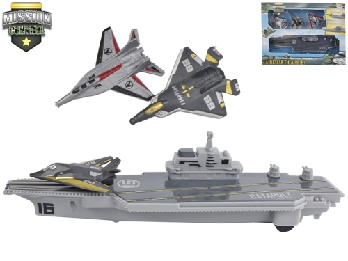 24cm plastic friction powered aircraft carrier w/3 fighter jets Mission Control in OTB