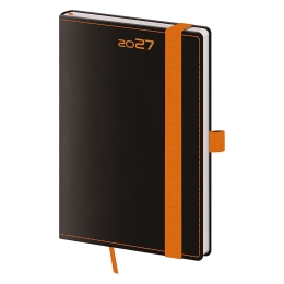 2027 Weekly Pocket Planner, Black Orange, with a pen loop