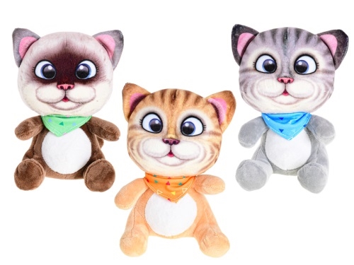 3asstd color (brown, grey, orange) 35cm plush sitting cat w/scarf each in polybag