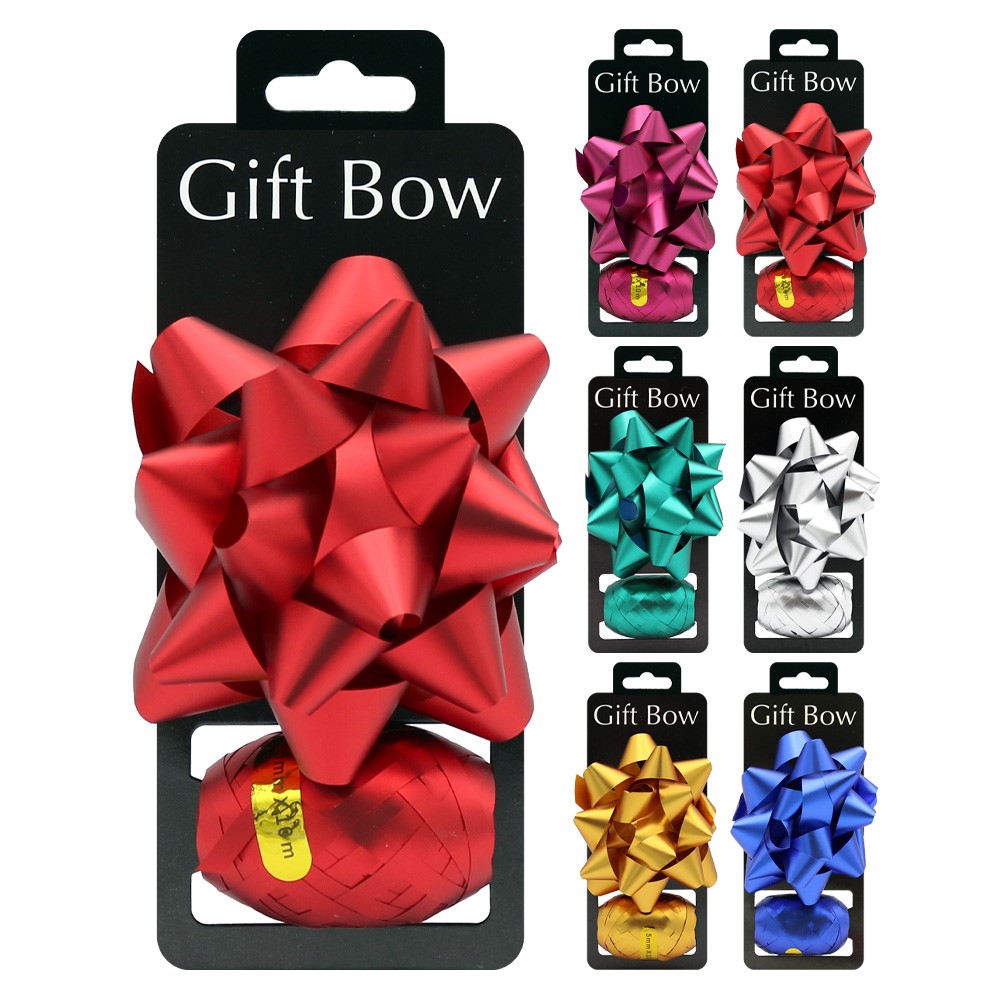 Rosette 95 mm + ribbon 5 mm x 10 m (mix of 6 metallic colours) on blister