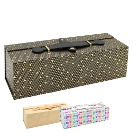 Darčeková krabica na fľašu (pevný kartón s PU uchom) mix 3 dizajnov