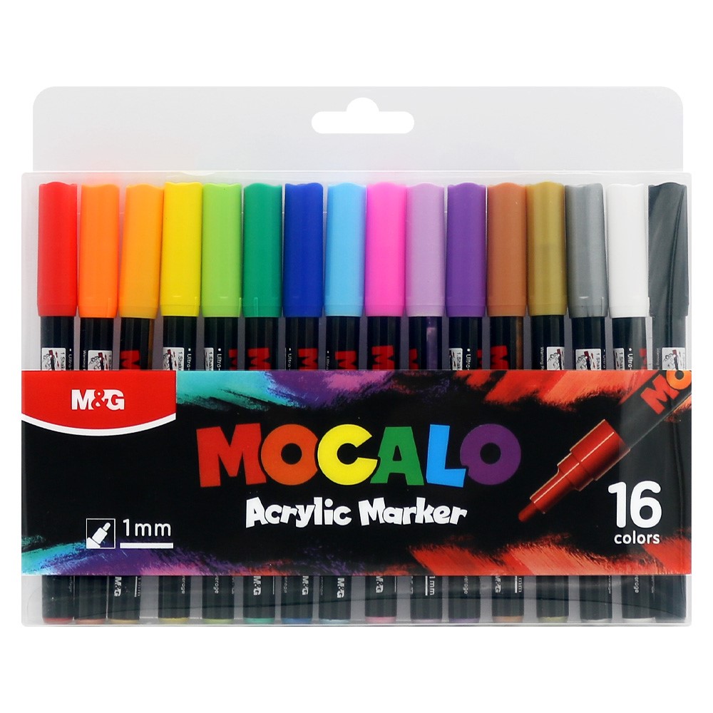 M&G MOCALO Acrylic Marker, 1 mm tip (set of 16 colors)
