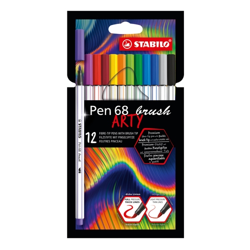 Fixy so štetcovým hrotom pre rôzne šírky čiar STABILO PEN 68 brush - ARTY, sada 12 ks
