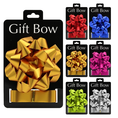 Rosette 120 mm + ribbon 25 mm x 3 m (mix of 6 metallic colours) on blister