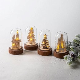 Glass bell on wooden tray with LED light, landscape inside 9 cm (4 variants) (1)