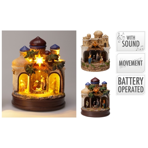 Betlehem s LED svetlom, otočnou kulisou a zvukom 22 cm
