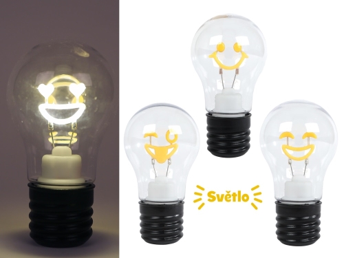 4asstd 7,5x7,5x12,5cm plastic/metal BO neon light bulb smile w/light 12 pcs in PDQ