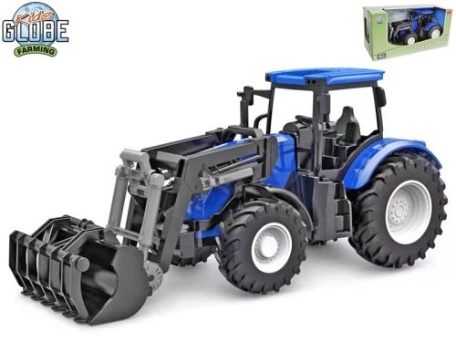 Kids Globe Farming 27cm plastic blue free wheel tractor w/front loader in OTB