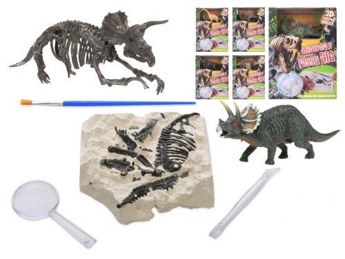 Dinosaurus 12cm a skamenelina v sadre s dlátom, lupou a štetcom 6druhov v krabičke