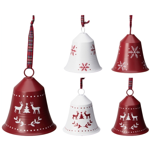 Christmas bell with ribbon, metal, 15 cm (mix of designs and colours /price for 1 pc)