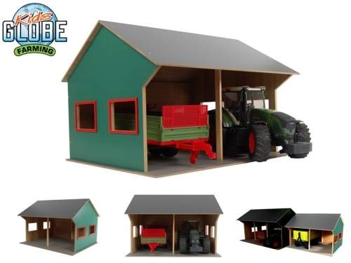 Kids Globe Farming drevená garáž 44x53x37cm 1:16 pre 2 traktory v krabičke