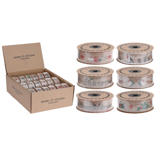 Decorative ribbon 25x5000 mm printed jute (mix of 6 designs, price /1 pc)