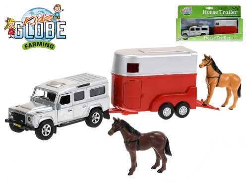 Kids Globe Farming 14cm die cast pull back Land Rover Defender w/11cm horse trailer in WBX
