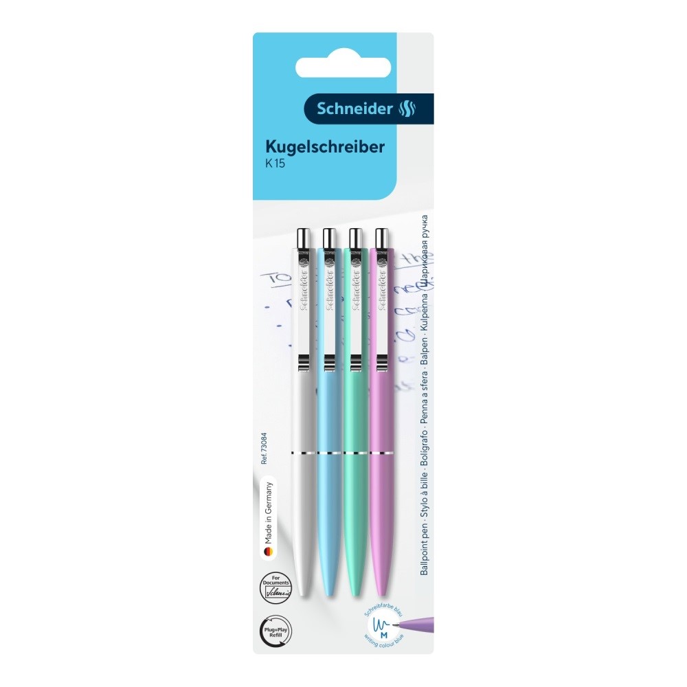 Pero guľôčkové Schneider K15 Pastel blister 4 ks - modrá náplň