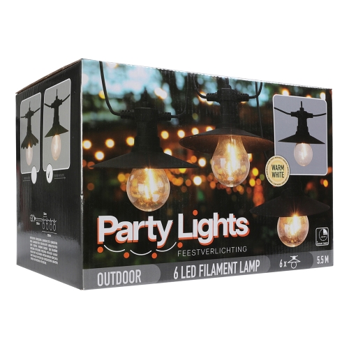 Párty osvetlenie - reťaz 6 LED svietidiel, teplá biela, dĺžka 5,5 m