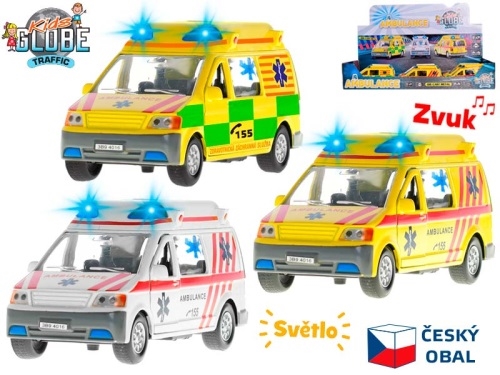 Kids Globe Traffic ambulancia 14cm kov spätný chod na batérie český design svetlo a zvuk 1
