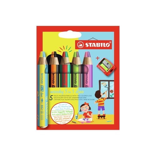 STABILO woody 3in1 duo multi-functional crayon - two-color pencil - 5 pcs set with grater