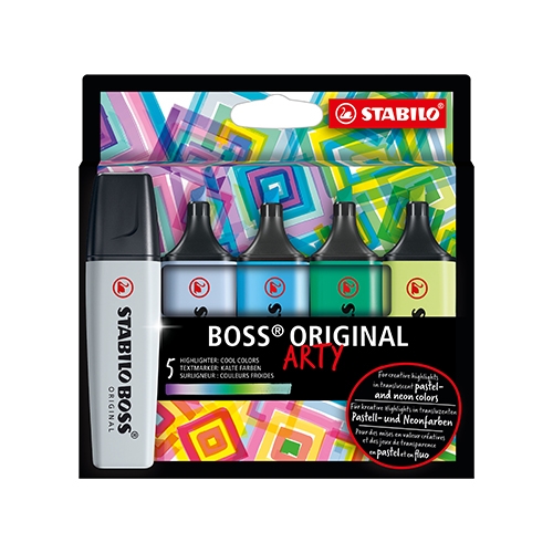 Zvýrazňovač  - STABILO BOSS ORIGINAL - ARTY - 5 ks balenie - s 5 rôznymi farbami