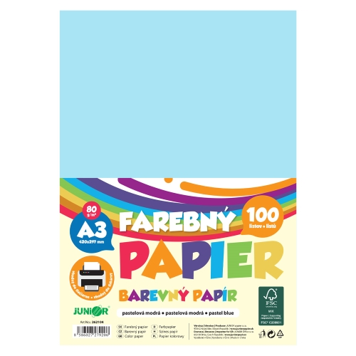 Farebný papier A3 80g/m2, bal/100 ks - pastelová modrá
