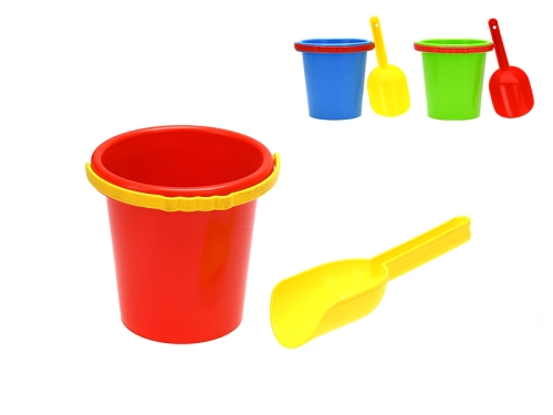 3asstd color (red,blue,green) 2pcs of plastic sand set (14cm bucket & paddle) 10m+