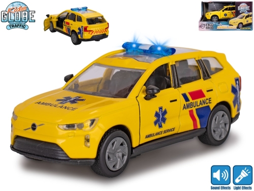 Kids Globe Traffic Volvo EX90 ambulancia NL 14cm kov spätný chod na batérie svetlo,zvuk v