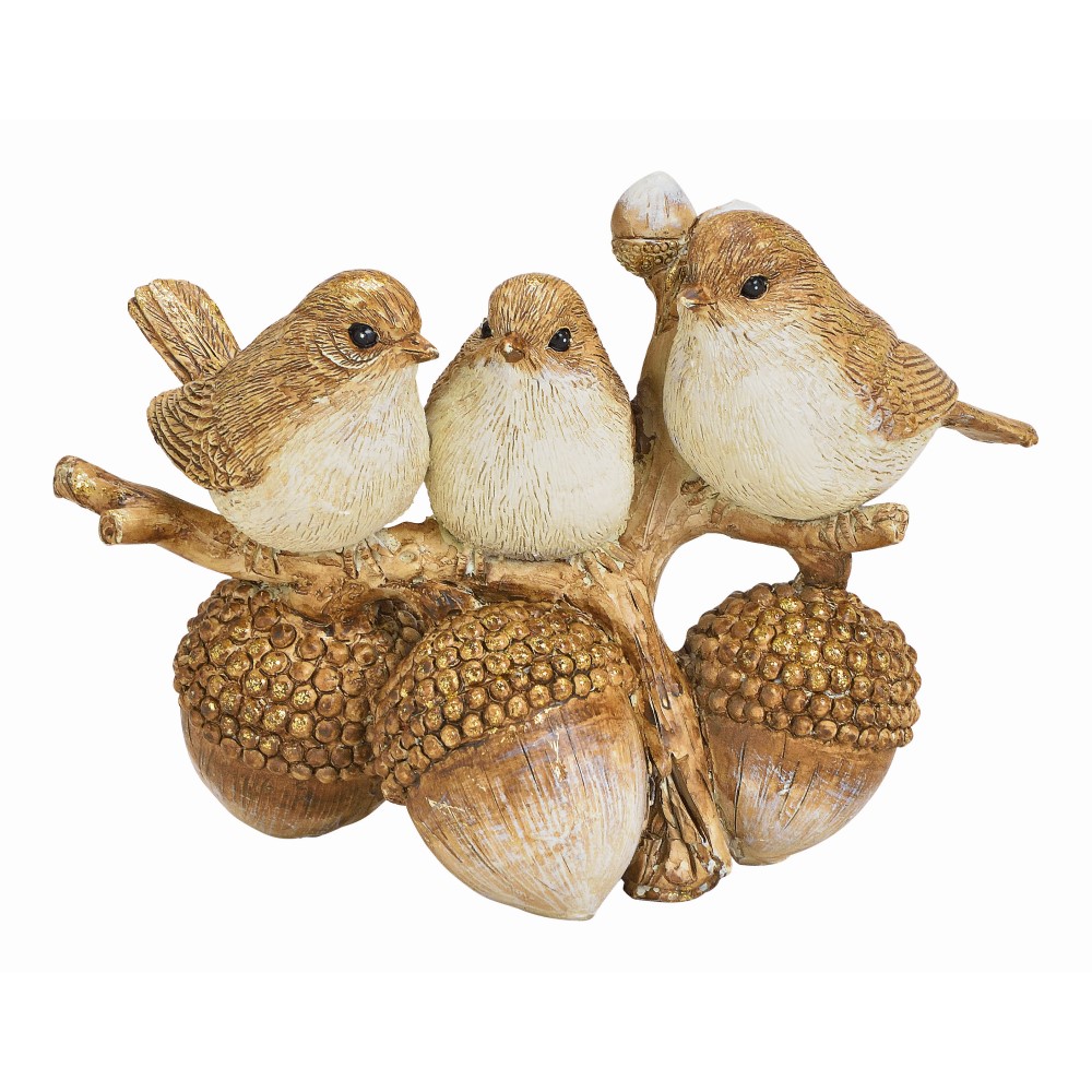 Dekorácia - sediaci vtáčikovia na halúzke so žaluďami 14x8x10 cm