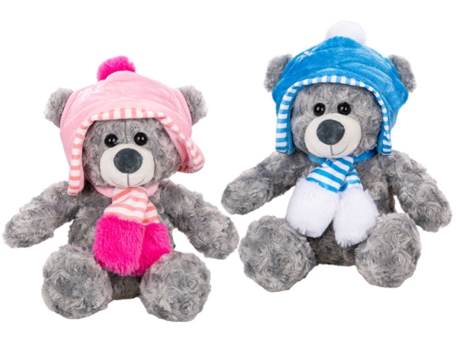 2asstd color (pink,blue) 26,5cm plush sitting bear w/hat 0m+