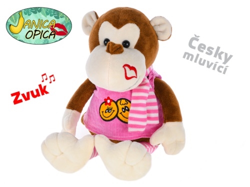 40cm BO "try me" plush monkey Janica w/Czech language, dress and scarf 0m+ each in polybag