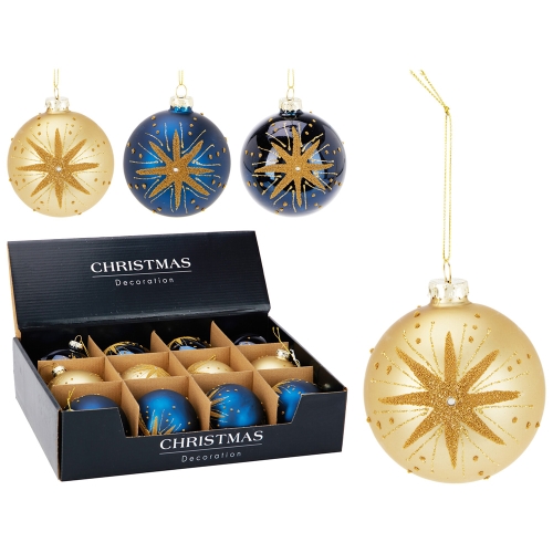 Christmas ball 80 mm glittered gold (mix of 3 designs, price /1 pcs)