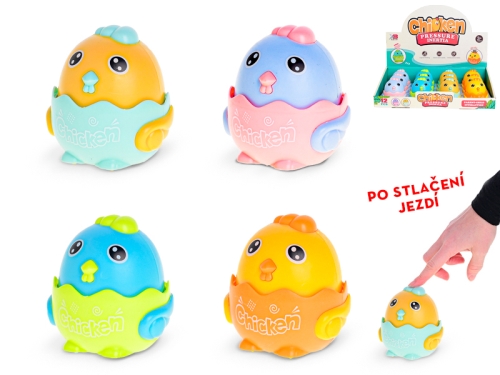 4asstd color(yellow, orange, blue, purple) 7cm plastic press'n'go chicken 12pcs in DBX