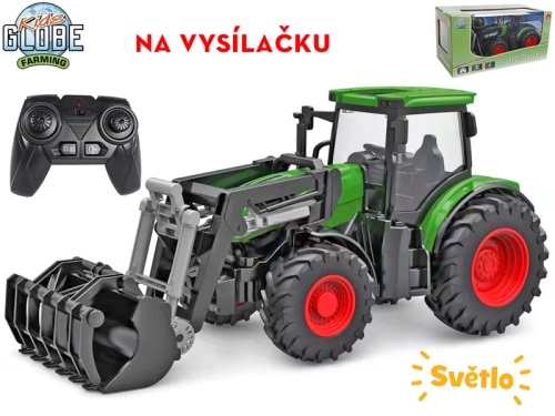Kids Globe R/C traktor zelený 27cm s predným nakladačom na batérie so svetlom 2,4GHz v kra