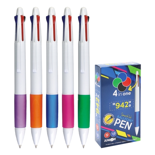 4 Color ball pen, PVC, rubber grip, col. white