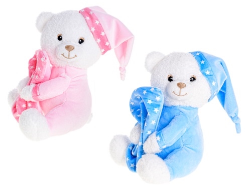 2asstd color (blue, pink) 20cm plush rattle bear w/blanket and hat  0m+ each in polybag