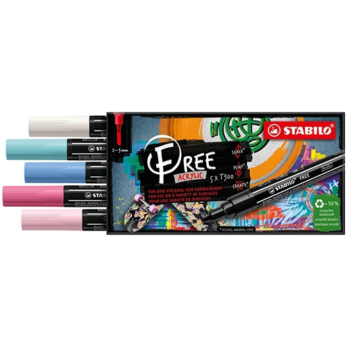 Akrylový popisovač STABILO FREE Acrylic T300 Okrúhly hrot 2-3 mm - Candy, sada 5 ks