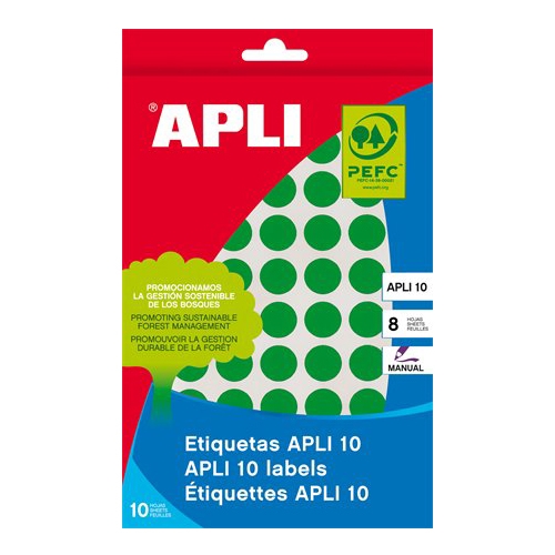Etikety, okrúhle, priemer: 10 mm, ručne popisovateľné, farebné, APLI, zelené, 1008 etikiet