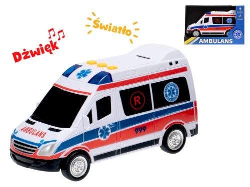 Auto ambulancie poľský design 18cm na zotrvačník na batérie so svetlom a zvukom v krabičke