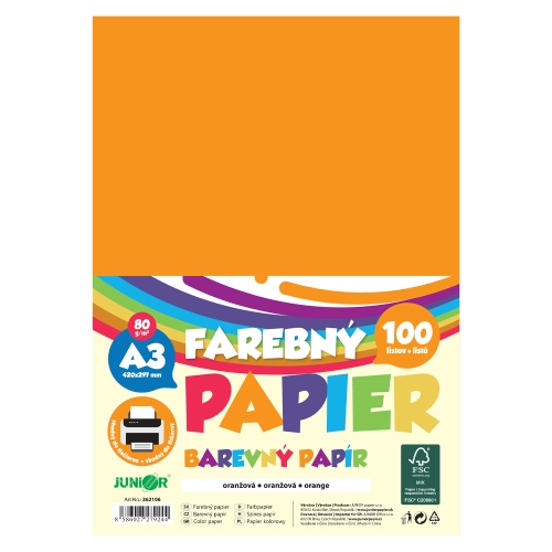 Farebný papier A3 80g/m2, bal/100 ks - oranžová