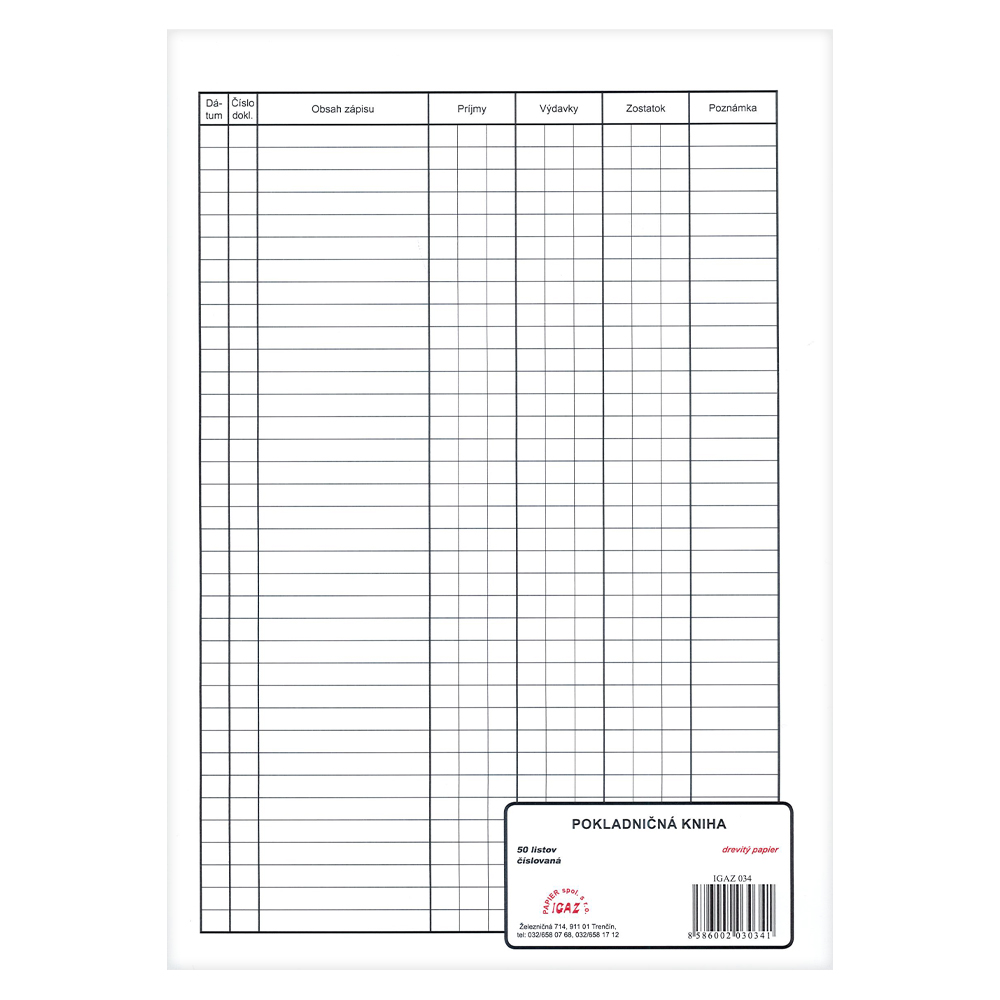 Pokladničná  kniha, A4, 50 listov,  číslovaná (IGAZ 34)