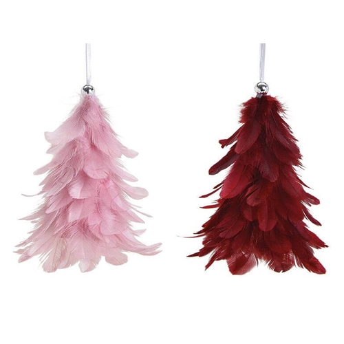 Dekorácia závesná -  Vianočný stromček z pierok 13 cm ružový/bordový, mix/1ks